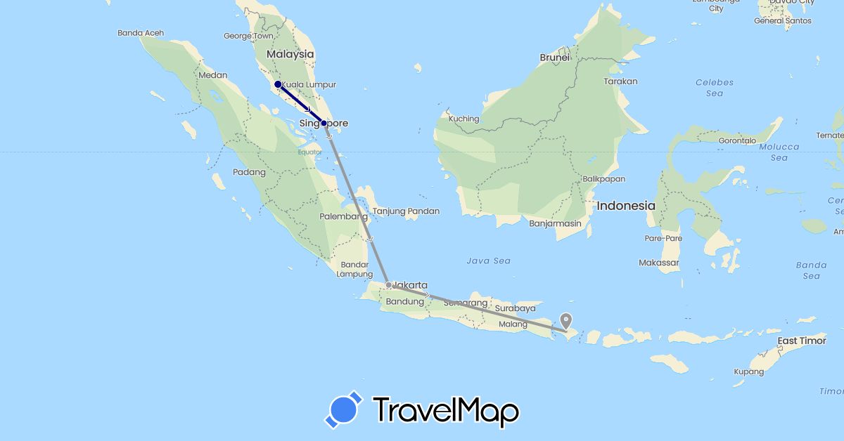 TravelMap itinerary: driving, plane in Indonesia, Malaysia, Singapore (Asia)